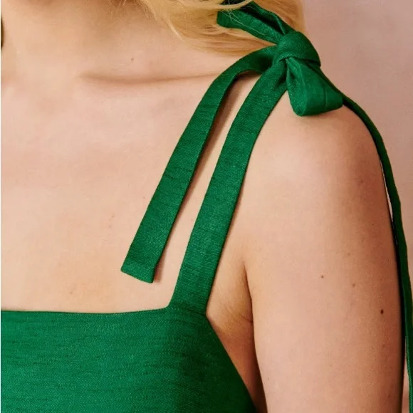 Sézane Green Tie-Strap Mini Dress Linen Blend Cutout Back Size 42 Large NWT - Picture 3 of 10